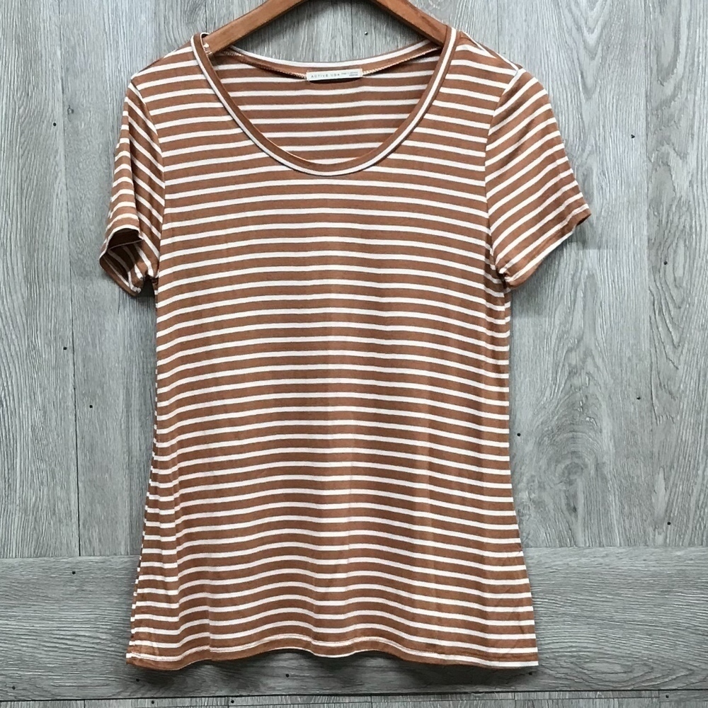 Round Neck Short Sleeve Orange Striped Tee BB785 - Picture 3 of 6